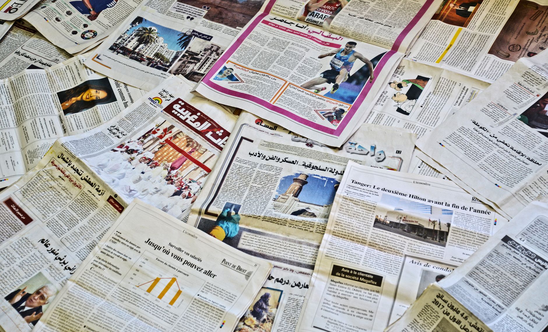 Newspapers spread out showing headlines