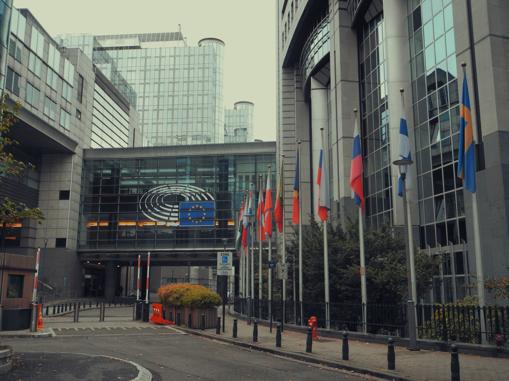 European Parliament building with EU flags
